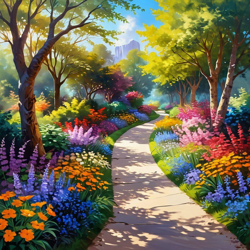 A serene and colorful landscape depicting a sunlit path winding through a blooming garden, symbolizing a joyful journey. Include diverse people of different ages walking together, exuding happiness and connection with nature. Enhance the scene with butterflies and vibrant flowers, representing growth and fulfillment. Glowing sunlight filters through the trees, creating an uplifting atmosphere. painting. vibrant colors.