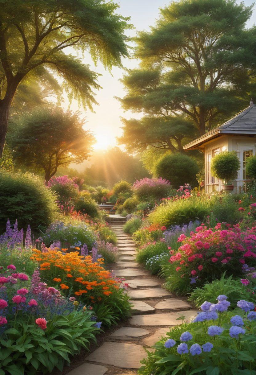 A serene landscape depicting a peaceful sunrise over a blooming garden, symbolizing growth and maturity. Include a diverse group of people of various ages joyfully engaging in activities like gardening, painting, and meditating, radiating happiness and contentment. Vibrant flowers and soft, warm sunlight should enhance the scene, creating an inviting and uplifting atmosphere. nature-inspired, super-realistic, vibrant colors.